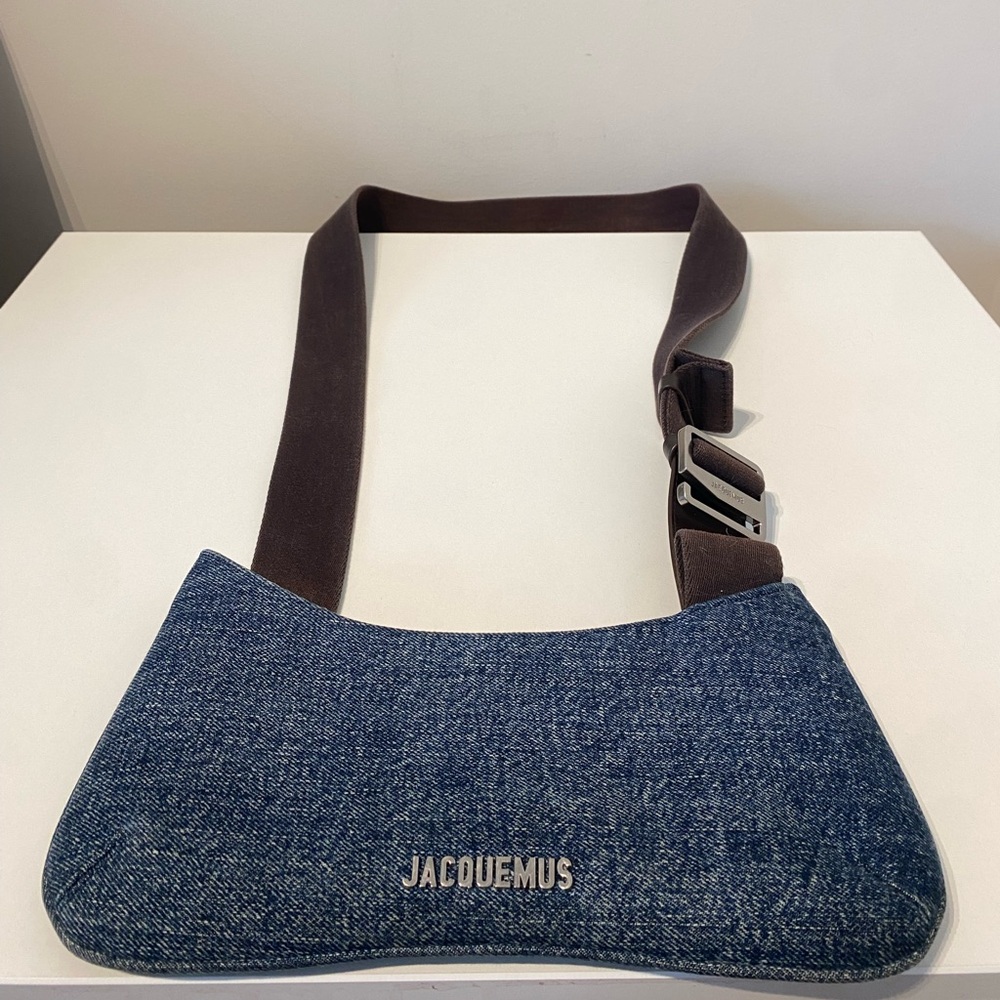 Jacquemus Blue Denim Messenger Bag with Brown Strap